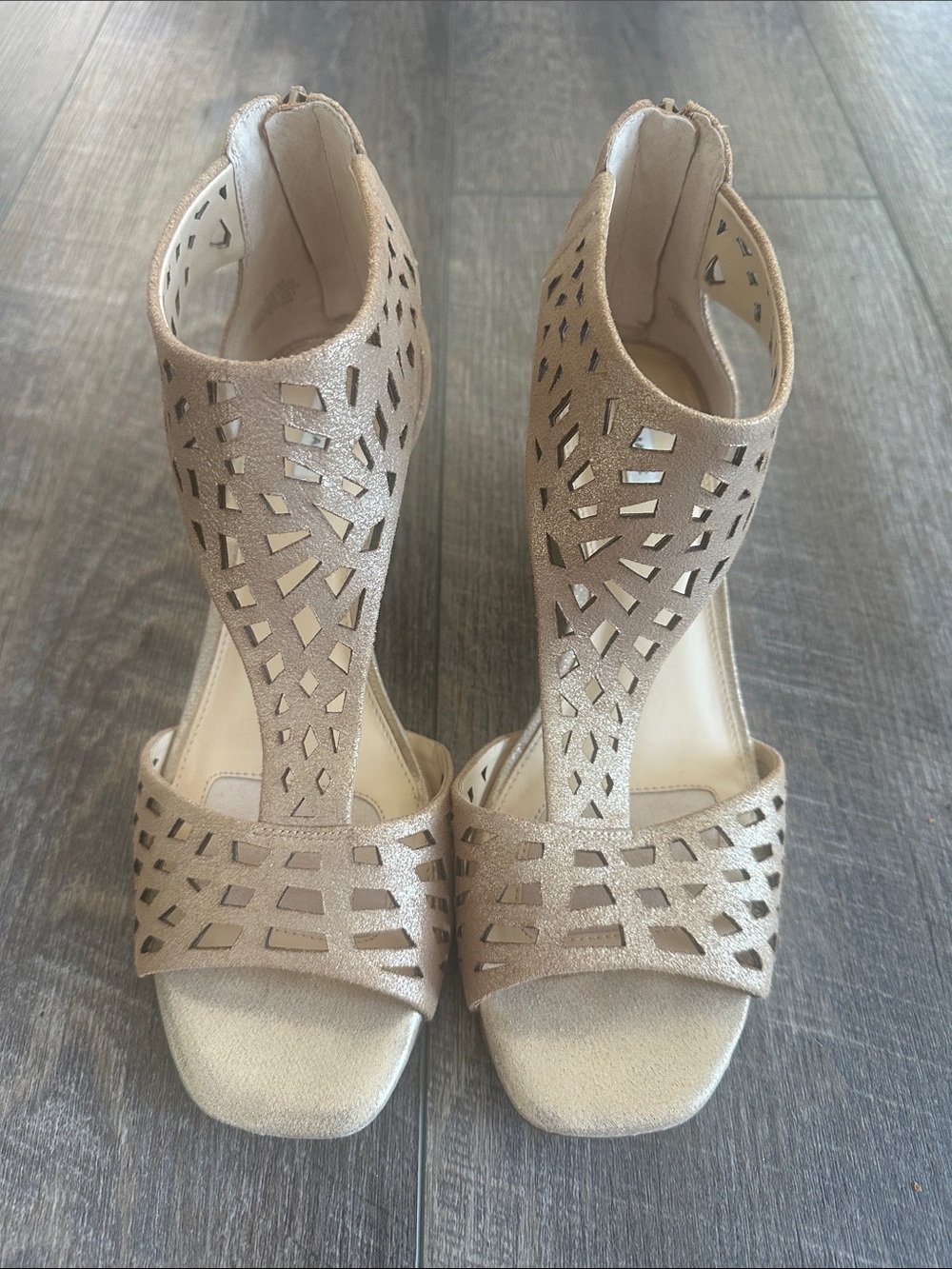 Alex Marie Laser-Cut T-Strap Heels in Champagne